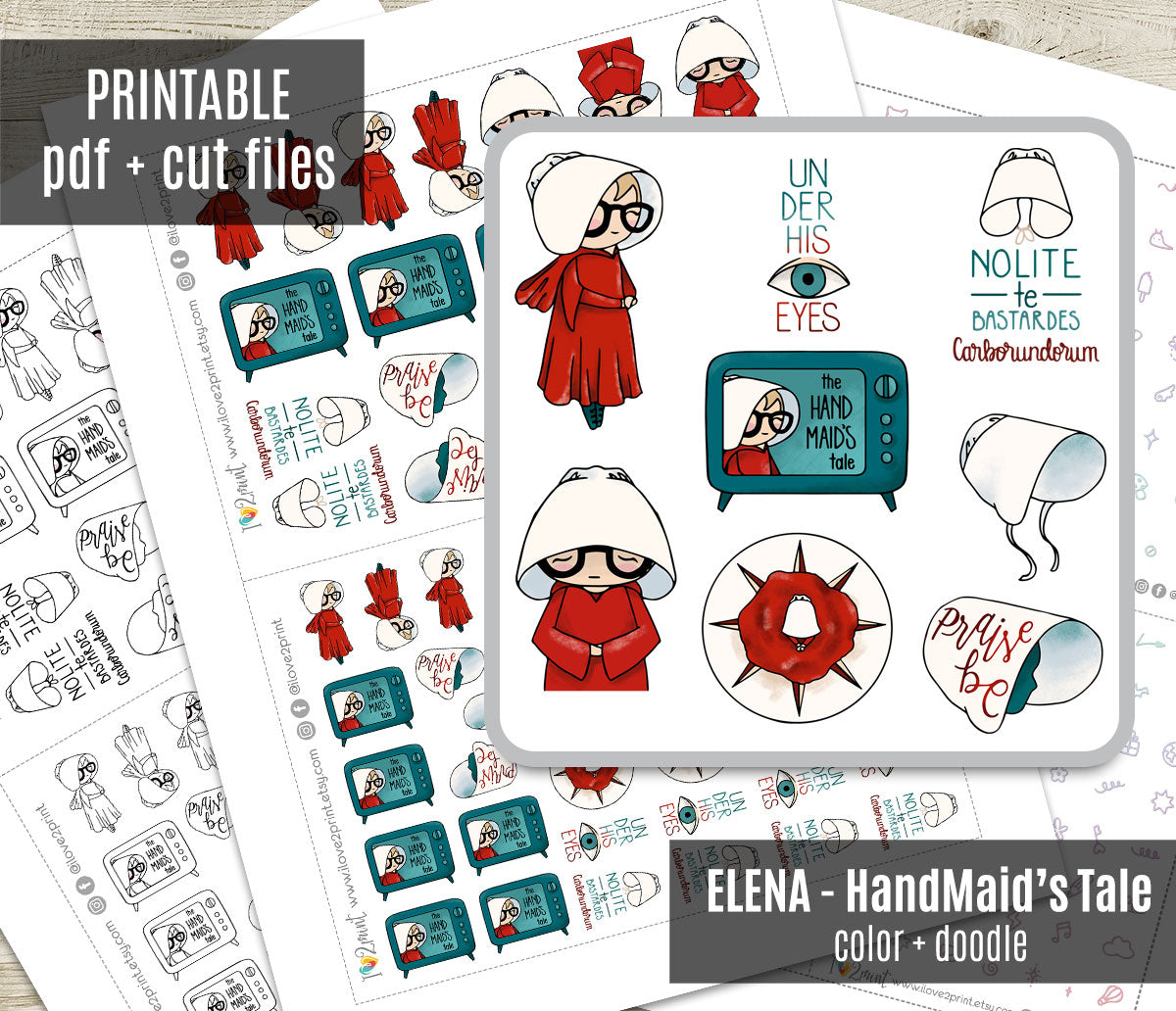 Elena Handmaid's Tale Printable Stickers | Outline + Color | Red Cloak Fan Art | PDF Cut Files