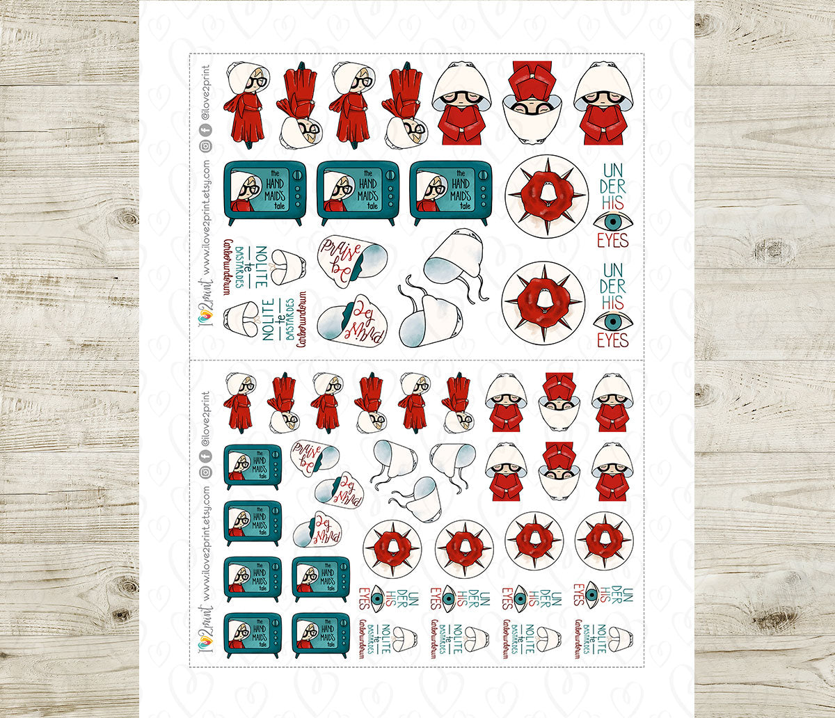Elena Handmaid's Tale Printable Stickers | Outline + Color | Red Cloak Fan Art | PDF Cut Files