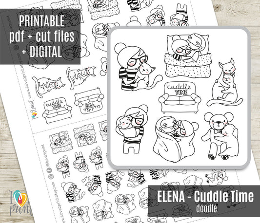 Elena Cuddle Time Doodle Printable Planner Stickers | Outline Cozy Couple | PDF Cut Files