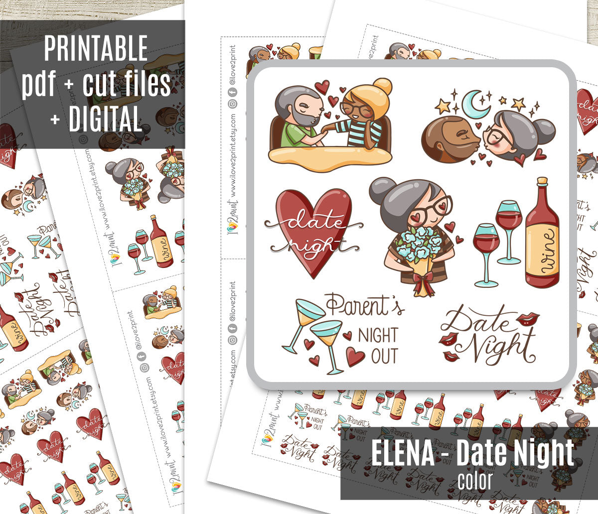 Elena Date Night Colored Printable Stickers | 4 Couple Variations | Romantic PDF Cut Files