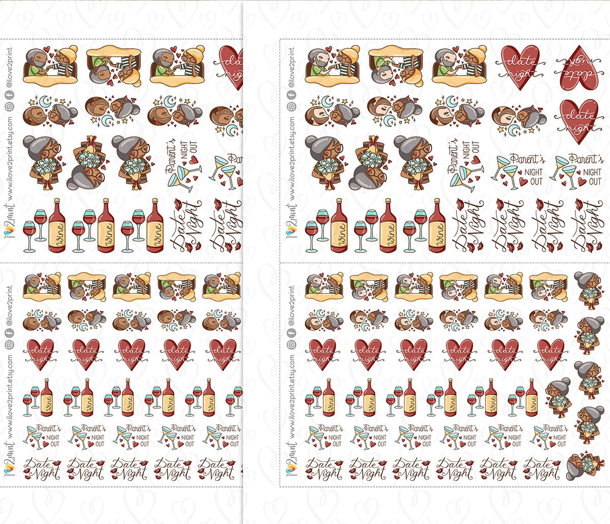 Elena Date Night Colored Printable Stickers | 4 Couple Variations | Romantic PDF Cut Files