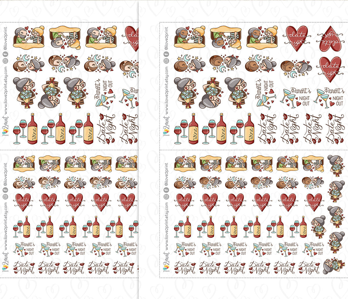 Elena Date Night Colored Printable Stickers | 4 Couple Variations | Romantic PDF Cut Files