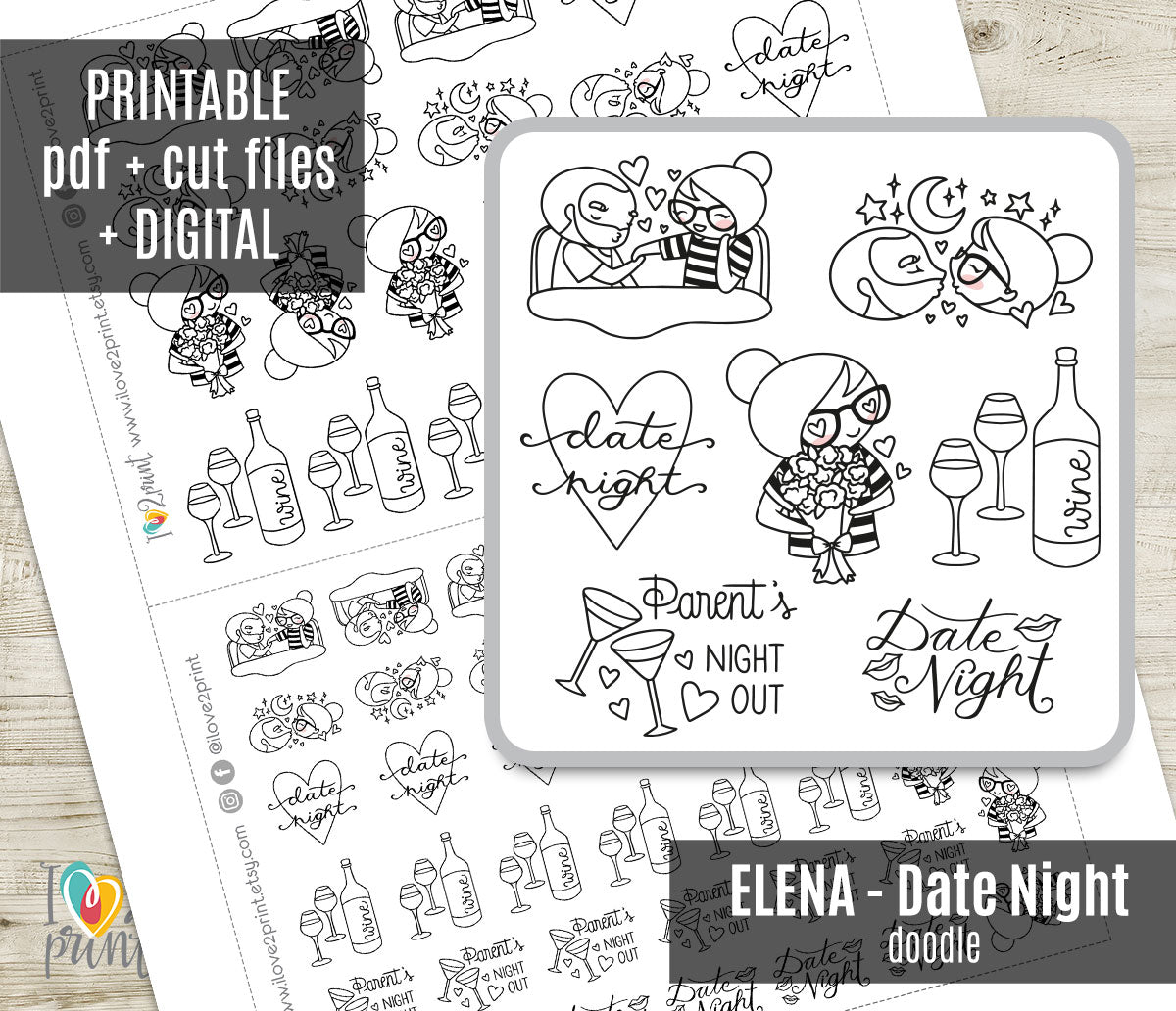 Elena Date Night Doodle Coloring Printable Stickers | Color Your Own Romance | PDF Cut Files