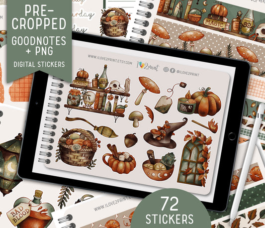 Fall Witch Decorative Stickers - Pre-Cropped GoodNotes Digital Sticker Book