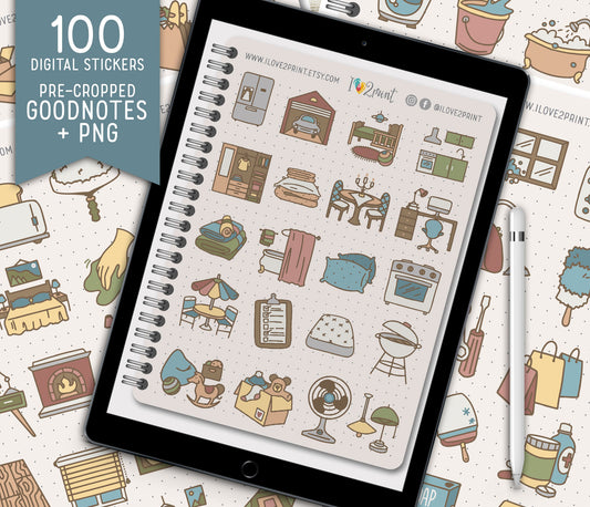 100 House Work Icons - Pre-Cropped COLOR GoodNotes Book Digital Planner Sticker