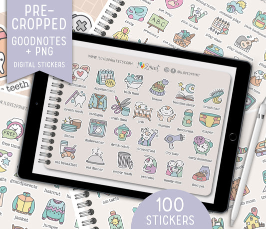 100 Kids Routine Icons - Pre-Cropped COLOR GoodNotes Book Digital Planner Sticker