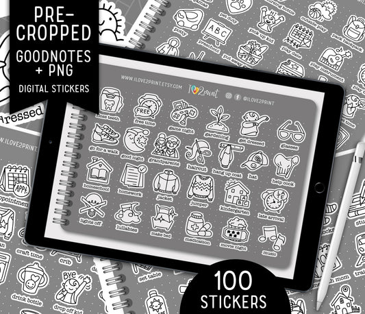100 Kids Routine Icons - Pre-Cropped STAMP GoodNotes Book Digital Planner Sticker