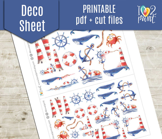 Nautical Watercolor Decorative Stickers - Printable PDF & Cut Files