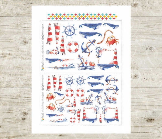 Nautical Watercolor Decorative Stickers - Printable PDF & Cut Files