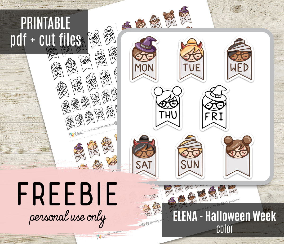 FREEBIE – Elena Halloween Days of the Week – Printable Planner Stickers – PDF + Cut Files – Instant Download