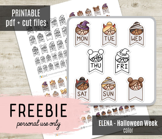 FREEBIE – Elena Halloween Days of the Week – Printable Planner Stickers – PDF + Cut Files – Instant Download