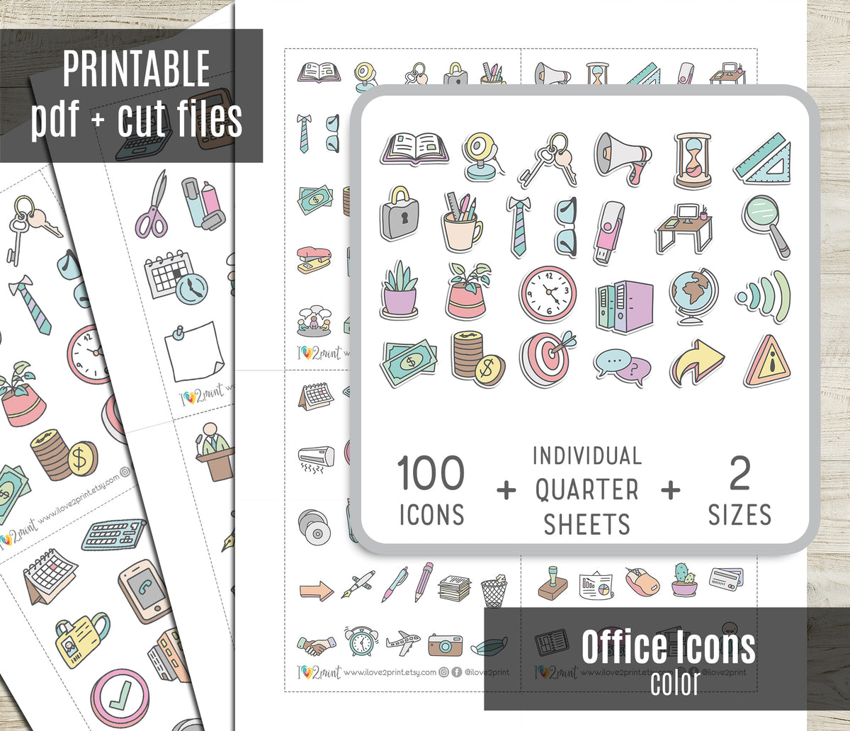 100 Office Icons Pastel Color Printable Stickers | 2 Sizes | Cut Files