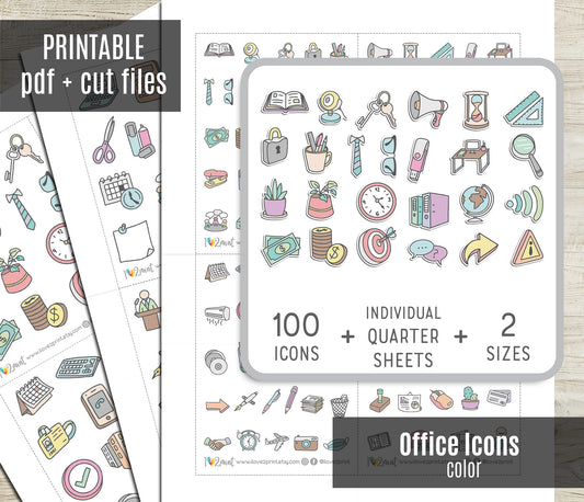 100 Office Icons Pastel Color Printable Stickers | 2 Sizes | Cut Files