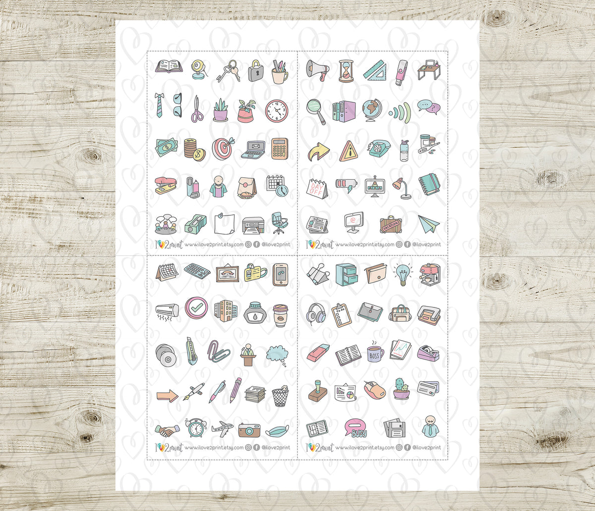 100 Office Icons Pastel Color Printable Stickers | 2 Sizes | Cut Files