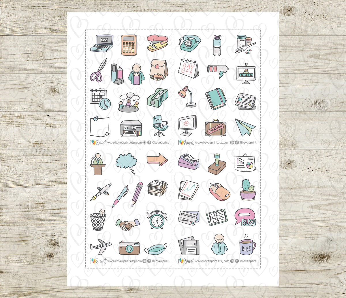 100 Office Icons Pastel Color Printable Stickers | 2 Sizes | Cut Files