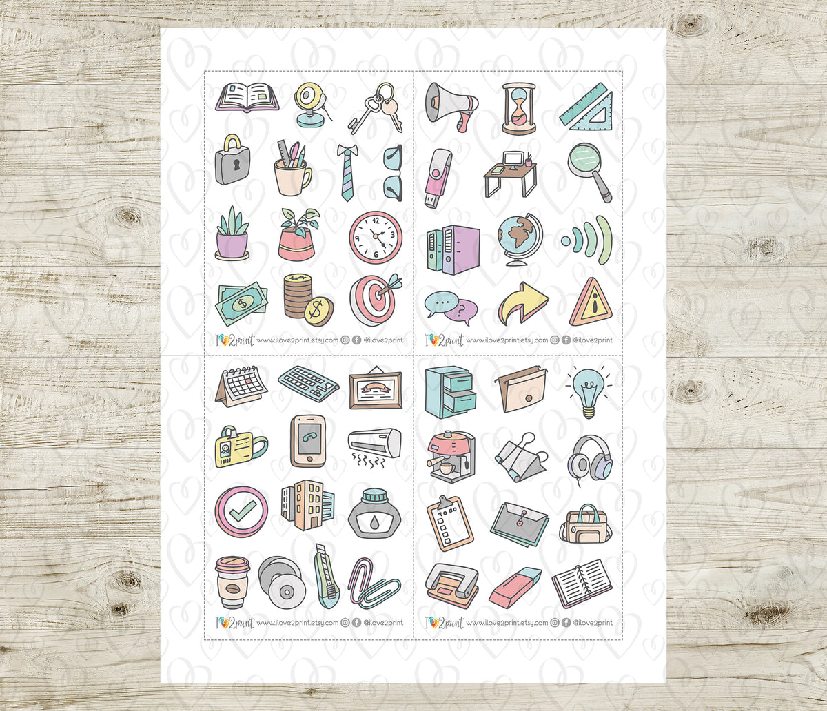 100 Office Icons Pastel Color Printable Stickers | 2 Sizes | Cut Files