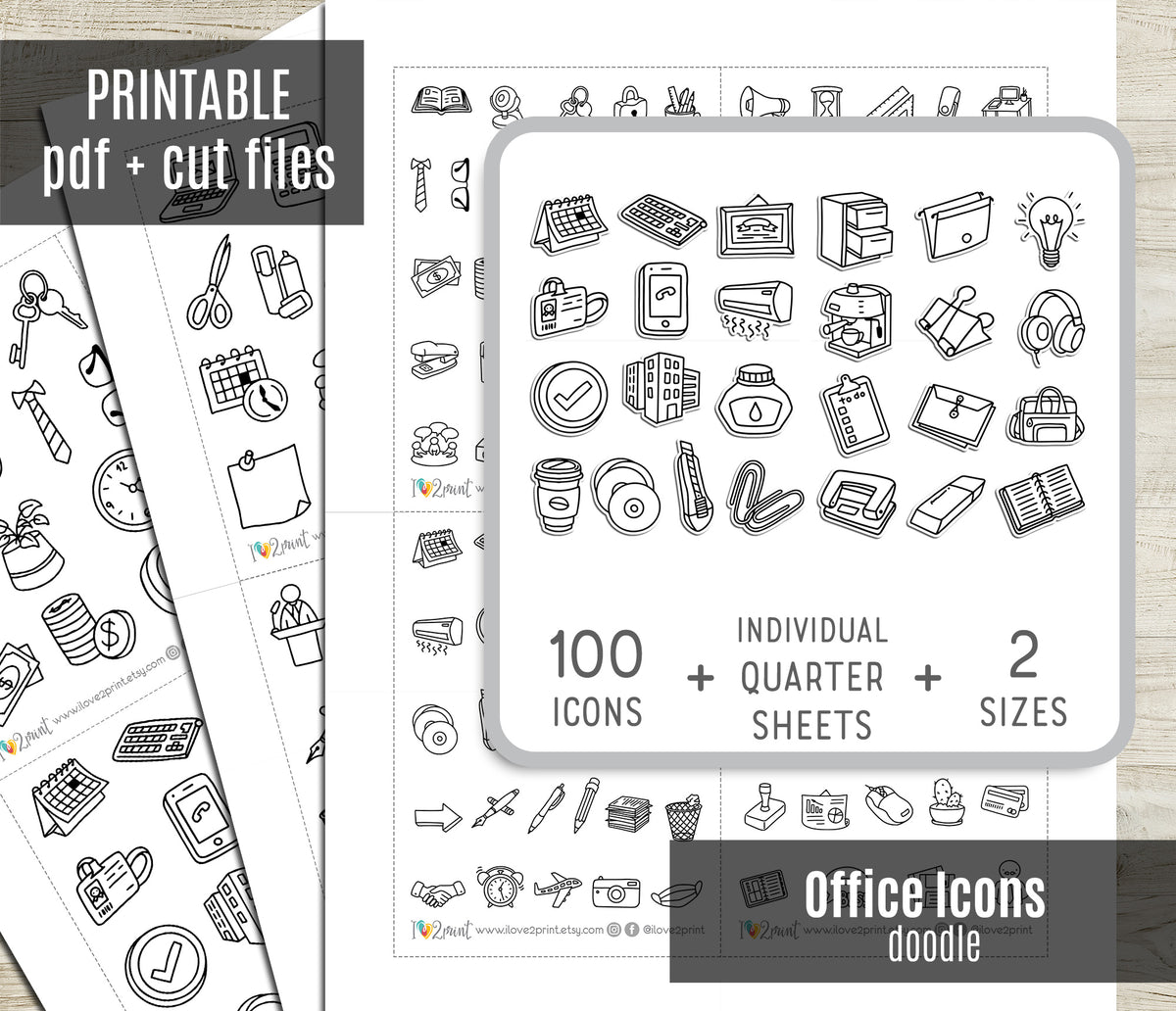 100 Office Icons Outline Printable Stickers | Color In | 2 Sizes | Cut Files