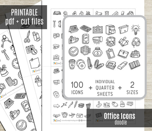 100 Office Icons Outline Printable Stickers | Color In | 2 Sizes | Cut Files