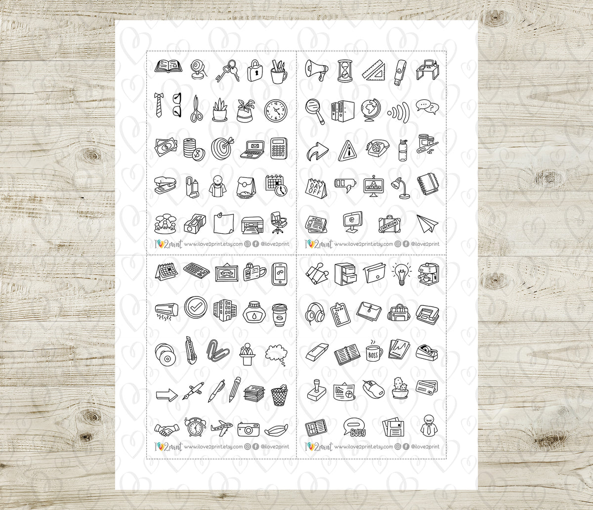 100 Office Icons Outline Printable Stickers | Color In | 2 Sizes | Cut Files