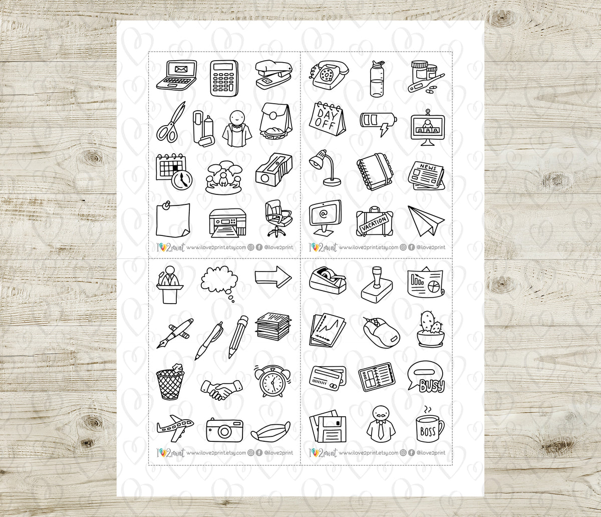 100 Office Icons Outline Printable Stickers | Color In | 2 Sizes | Cut Files