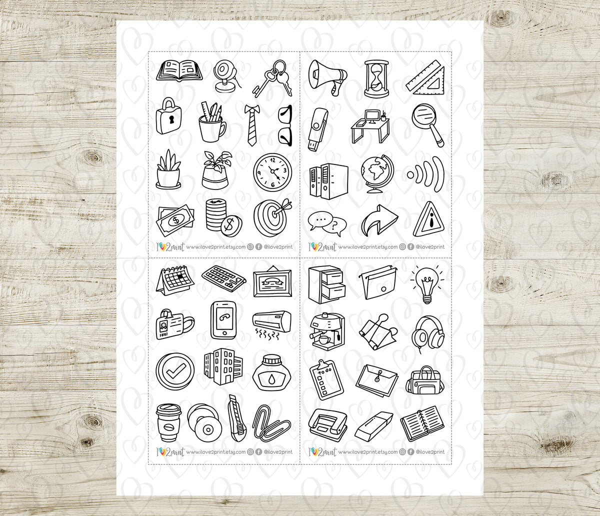 100 Office Icons Outline Printable Stickers | Color In | 2 Sizes | Cut Files