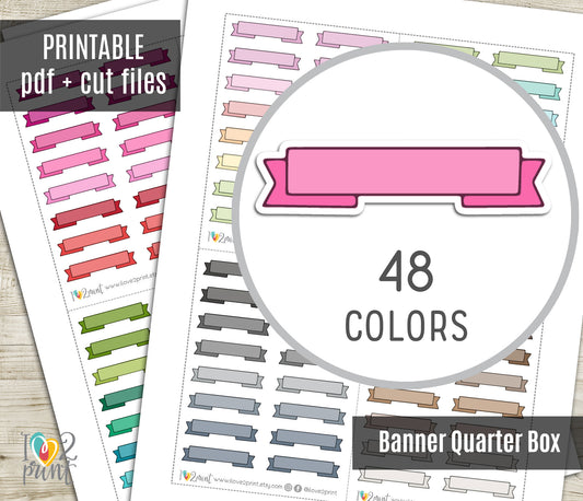 48 Colorful Banner Doodle Quarter Box Stickers | Printable Functional Planner Supplies | PDF & Cut Files