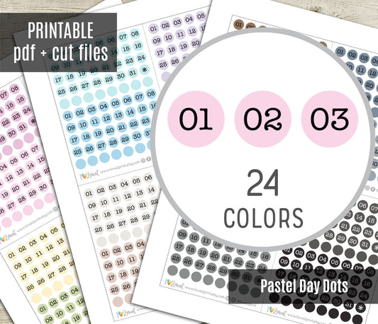 Day Dots Pastel Colors – Printable Planner Stickers for Calendars & Journals – PDF + Cut Files – Instant Download