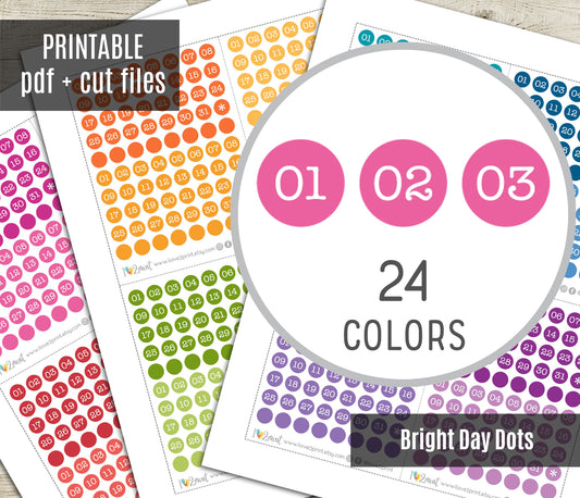 Day Dots Bold Colors – Printable Planner Stickers for Calendars & Journals – PDF + Cut Files – Instant Download