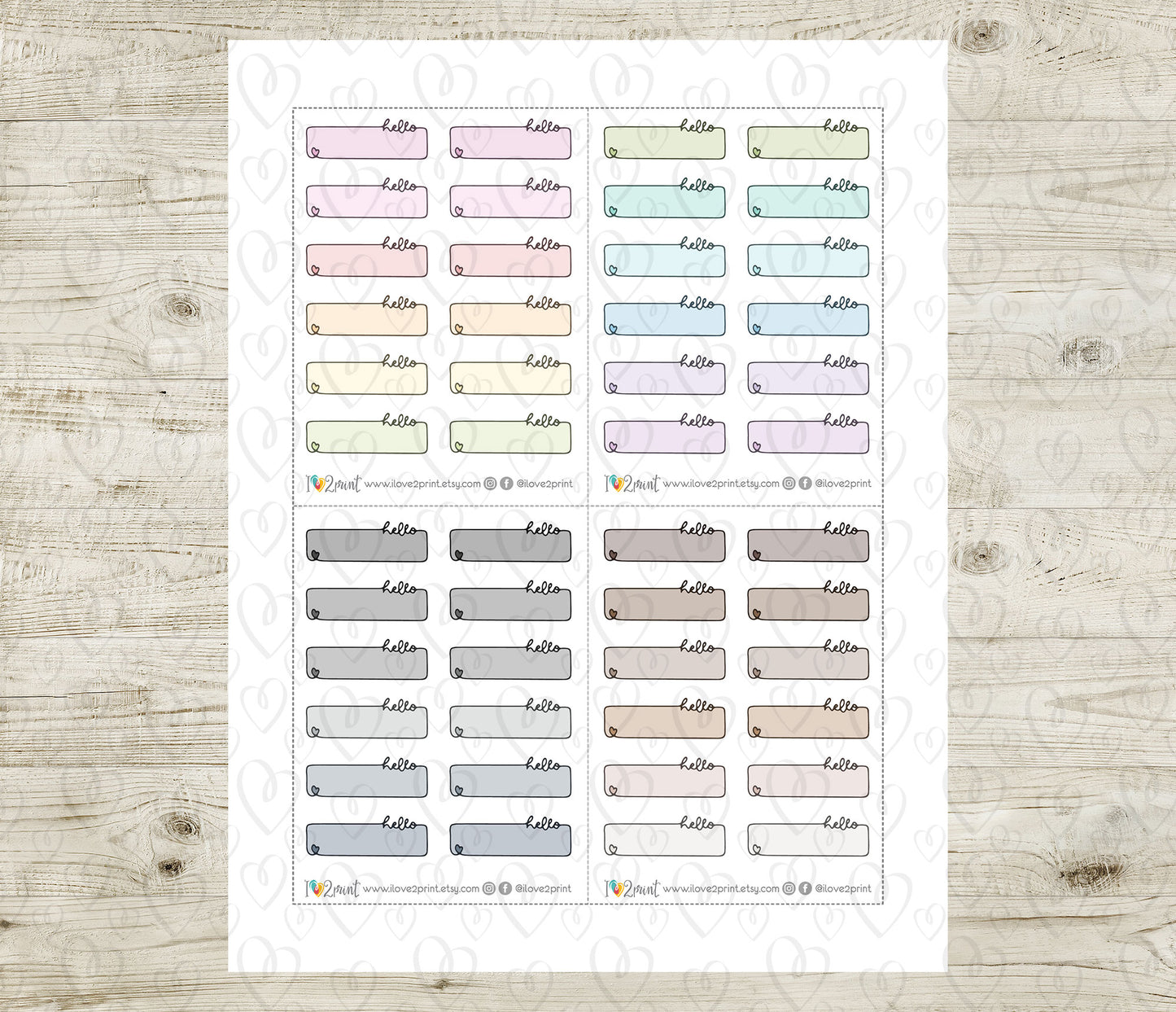 48 Colorful Hello Note Doodle Quarter Box Stickers | Printable Functional Planner Supplies | PDF & Cut Files