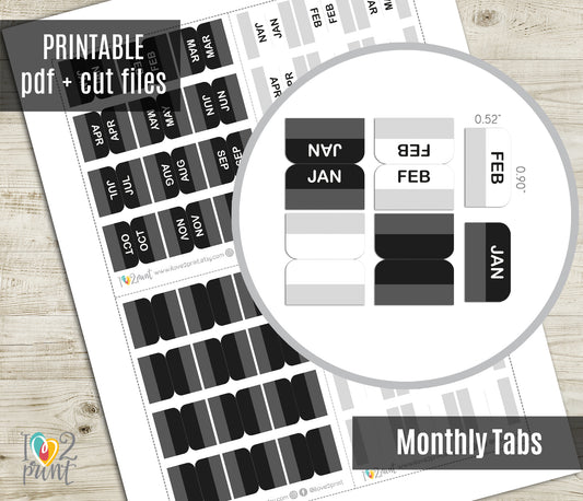 Mini Month Index Tabs - Black and White Printable Planner Stickers  - PDF & Cut Files