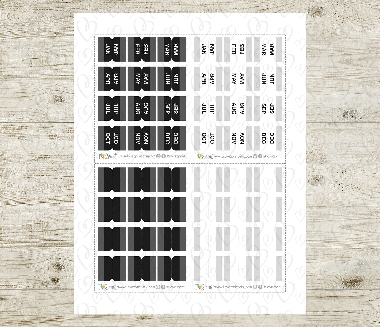 Mini Month Index Tabs - Black and White Printable Planner Stickers  - PDF & Cut Files