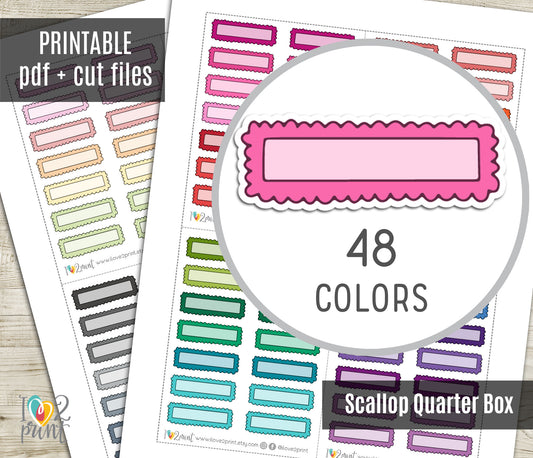 48 Colorful Scallop Note Doodle Quarter Box Stickers | Printable Functional Planner Supplies | PDF & Cut Files