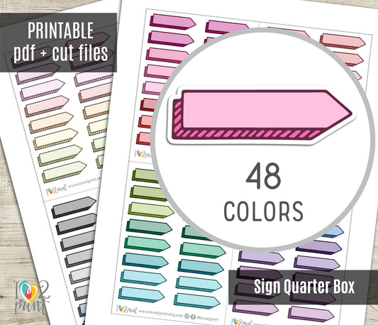 48 Colorful Sign Note Doodle Quarter Box Stickers | Printable Functional Planner Supplies | PDF & Cut Files