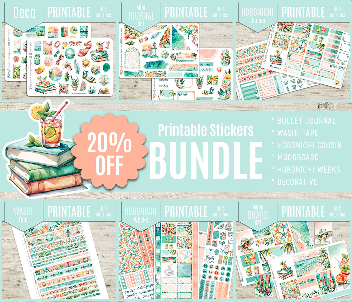 Sunny Day Complete Sticker Bundle | All 6 Sets | Teal Coral Beach Collection | PDF Cut Files