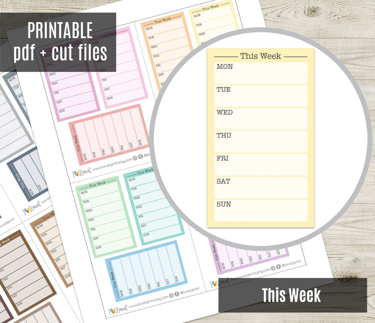 This Week Mon-Sun Printable Planner Stickers | Weekly Header Labels | PDF Cut Files