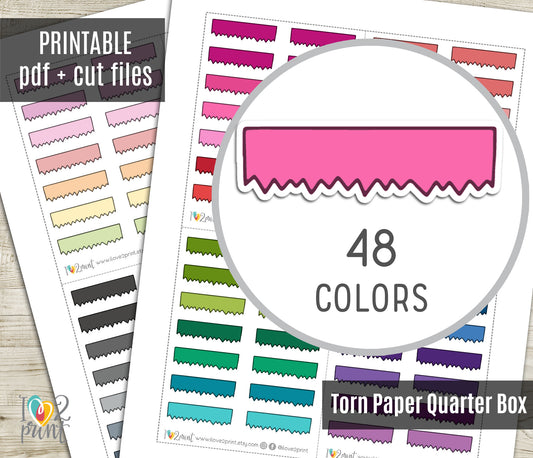 48 Colorful Torn Paper Doodle Quarter Box Stickers | Printable Functional Planner Supplies | PDF & Cut Files