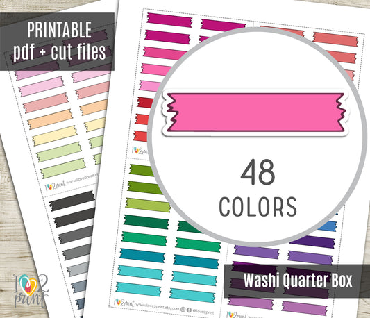 48 Colorful Washi Doodle Quarter Box Stickers | Printable Functional Planner Supplies | PDF & Cut Files
