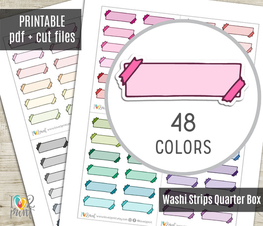 48 Colorful Washi Strip Doodle Quarter Box Stickers | Printable Functional Planner Supplies | PDF & Cut Files