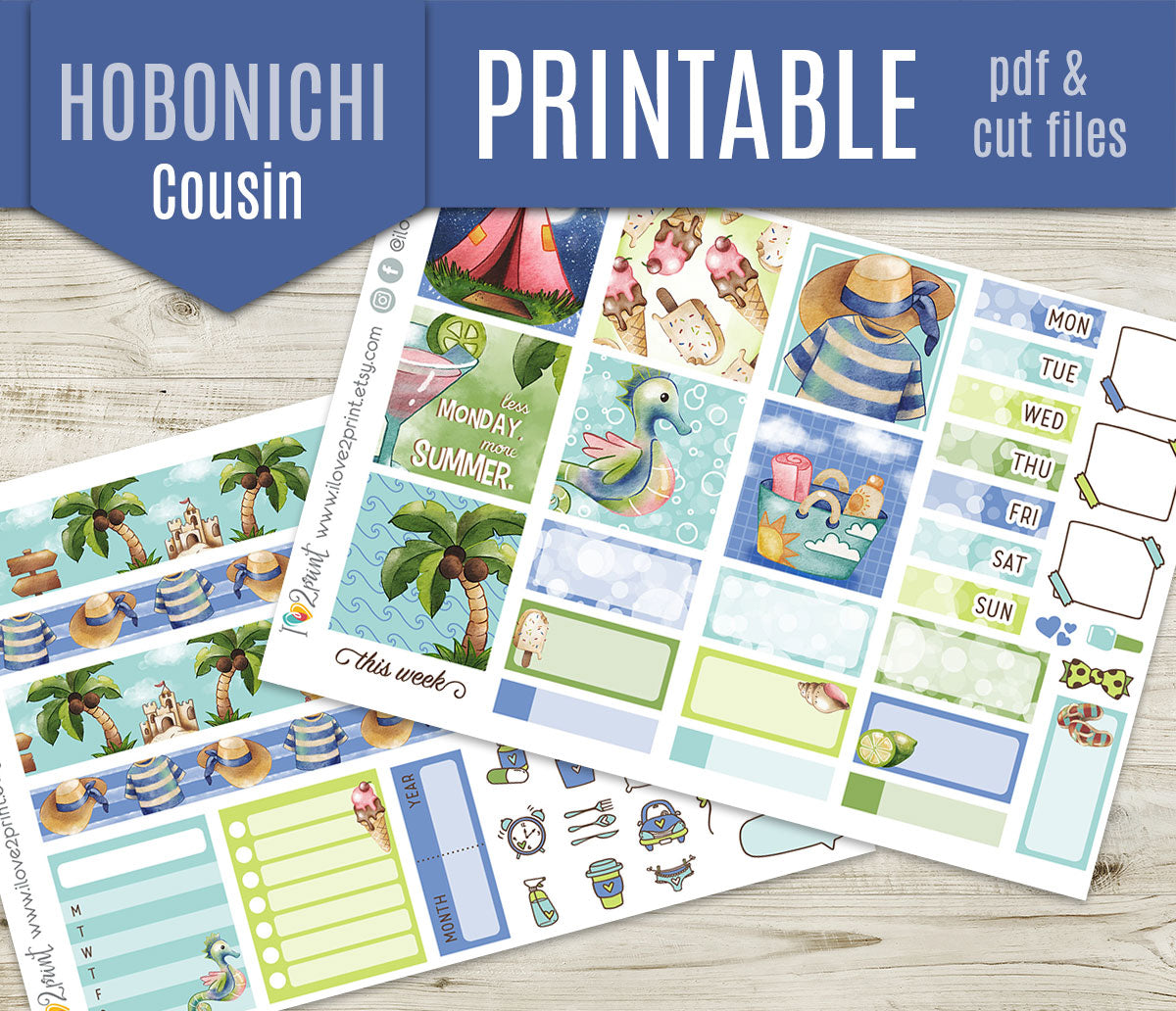 Watercolor Summer Hobonichi Cousin Stickers | Hand Painted Ocean Daily | PDF Cut Files