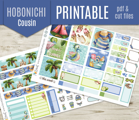 Watercolor Summer Hobonichi Cousin Stickers | Hand Painted Ocean Daily | PDF Cut Files