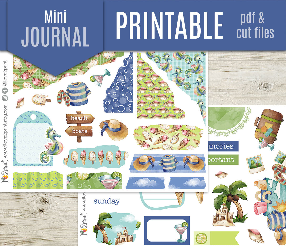 Watercolor Summer Bullet Journal Stickers | Hand Painted Bujo Sea Theme | PDF Cut Files