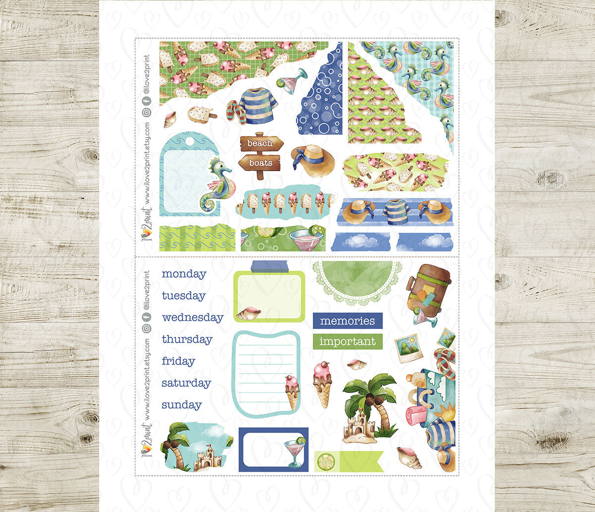 Watercolor Summer Bullet Journal Stickers | Hand Painted Bujo Sea Theme | PDF Cut Files