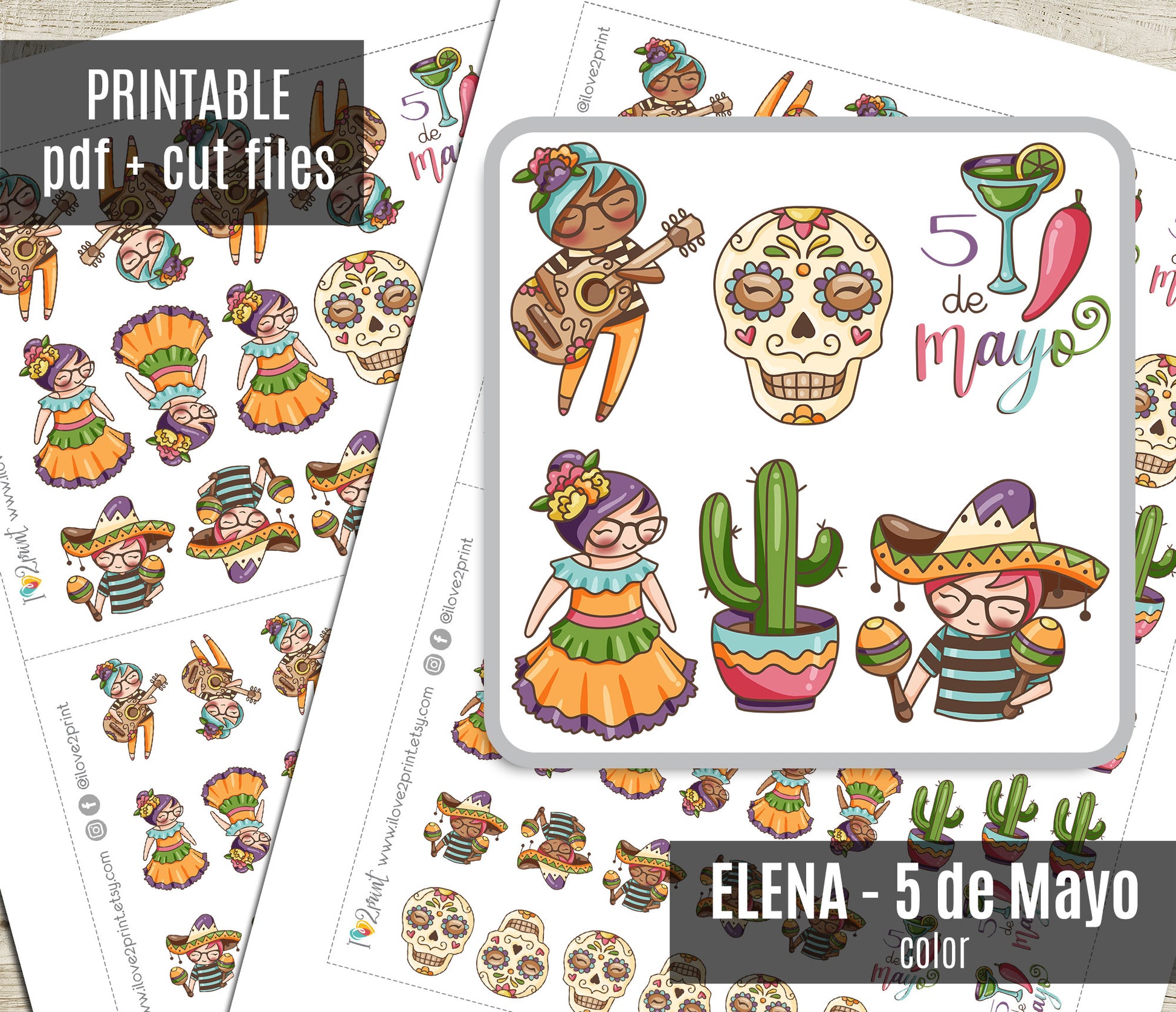 Colorful 'Elena - 5 de Mayo' themed cut files on a white background with text indicating printable PDF and cut files.