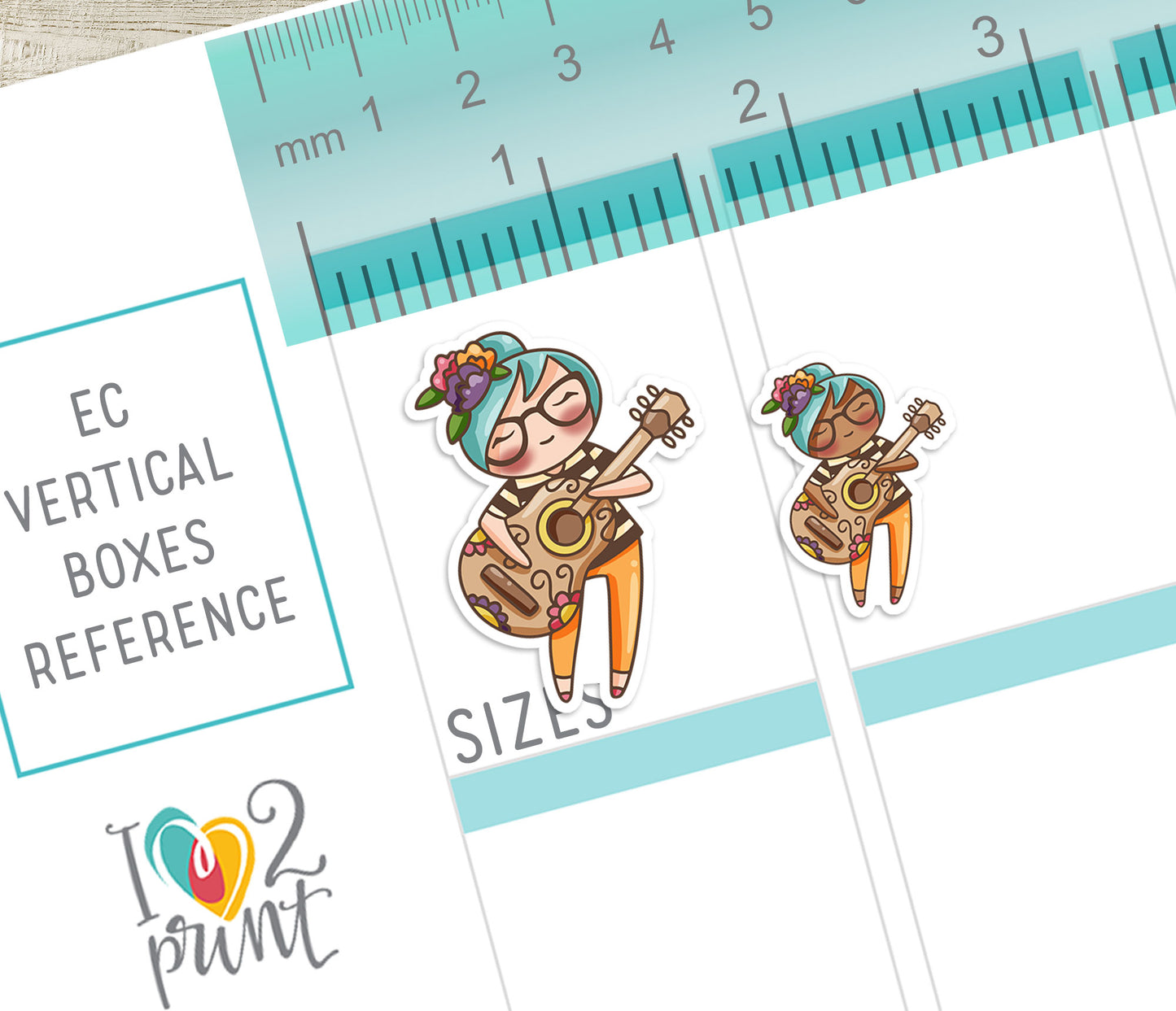 Illustration of a girl playing a guitar on a reference sheet with measurement tools.