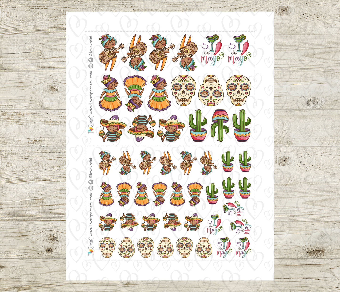 Sheet of decorative stickers with Mexican-themed designs on a wooden surface