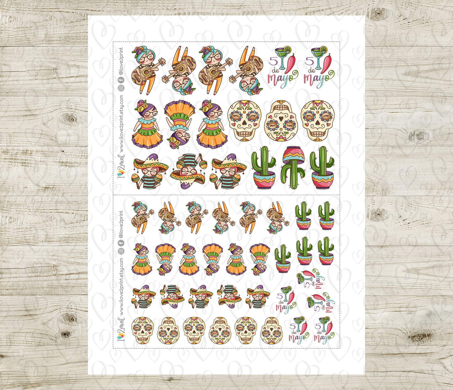 Sheet of decorative stickers with Mexican-themed designs on a wooden surface