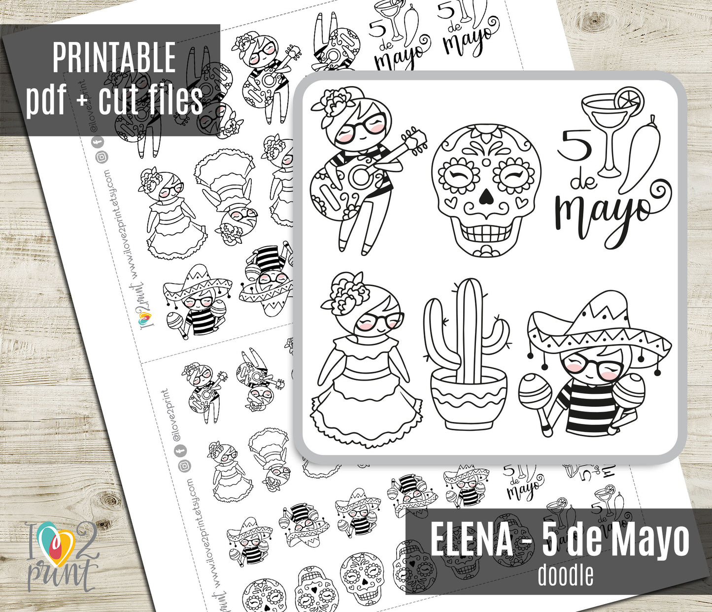 Sheet of 5 de Mayo themed coloring pages with cut files on a wooden surface.