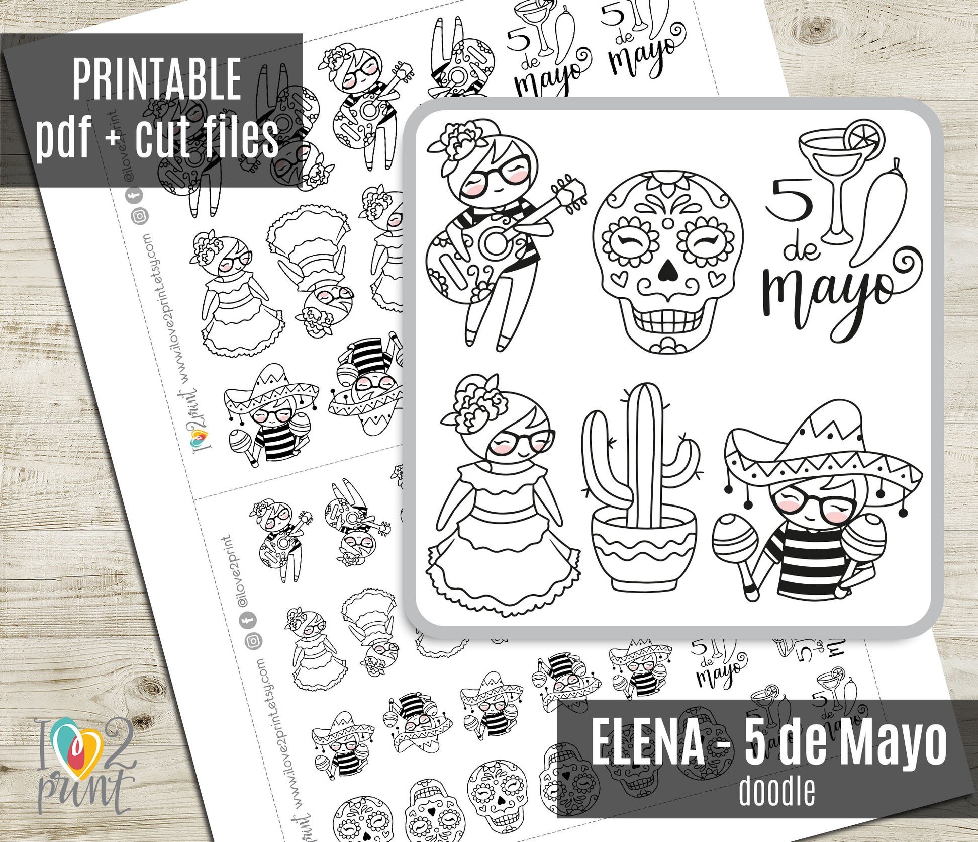 Sheet of 5 de Mayo themed coloring pages with cut files on a wooden surface.