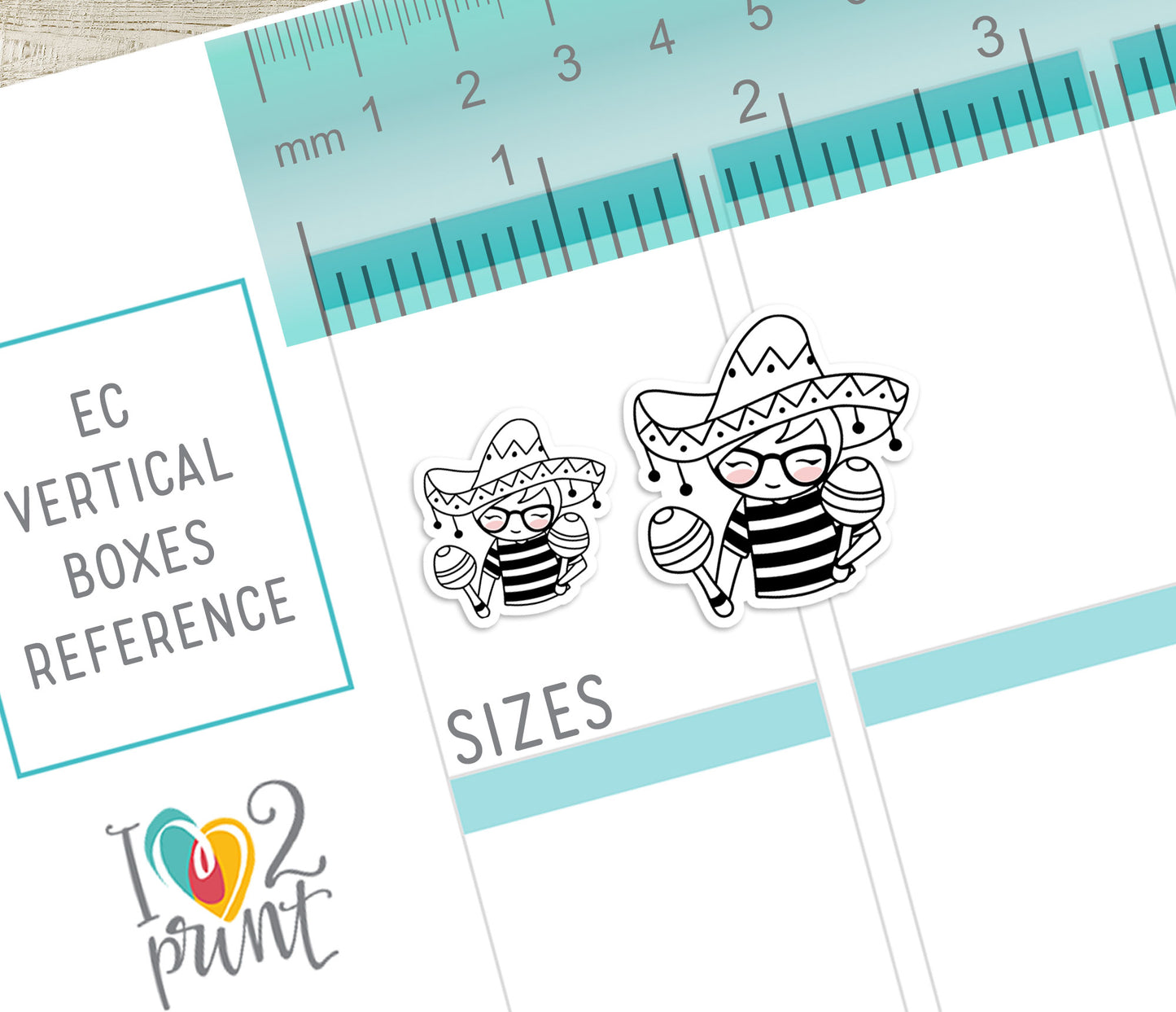 Design reference sheet Vertical Planner size with two cartoon characters wearing sombreros and maracas, a ruler for size reference.