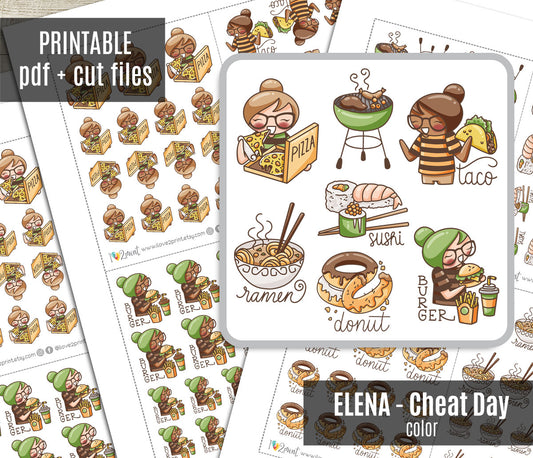 Elena Cheat Day – Takeaway Food Theme - COLOR Printable Planner Stickers – PDF + Cut Files